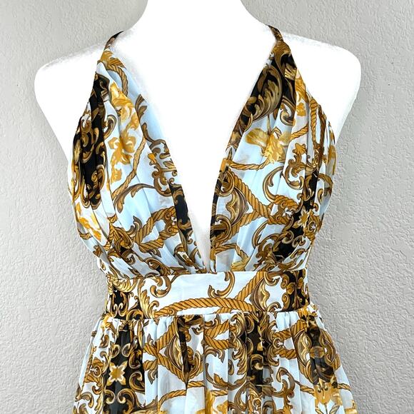 Powder Blue Gold Chiffon Baroque Sleeveless Open Back V-Neck Maxi Dress LG New - Picture 6 of 15